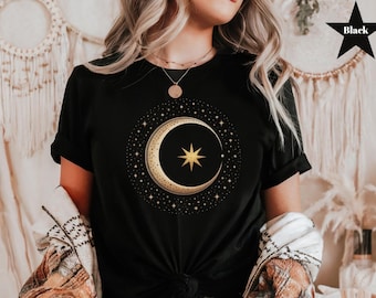 Camiseta con Fases Lunares Místicas: Camiseta con Gráfico de Creciente Lunar, Camiseta de Astrología Espiritual para Mujer, Camiseta de Noche Estrellada