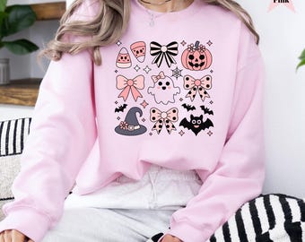 Halloween Pink Girly Bows Halloween Tee, Halloween Cute Ghost Pumpking Sweatshirt , S-2XL Hoddie