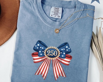 America 250 Year Anniversary Comfort Colors USA Shirt, Womens Patriotic T-Shirt, United States 250 Year Semiquincentennial Faux Bow Shirt