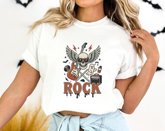 Halloween Skeleton Playing Guitar Shirt, America Skeleton Rock Shirt, Unisex Skeleton Playing Guitar Tee, Rock Tee,Spooky  Funny Ghost Shirt