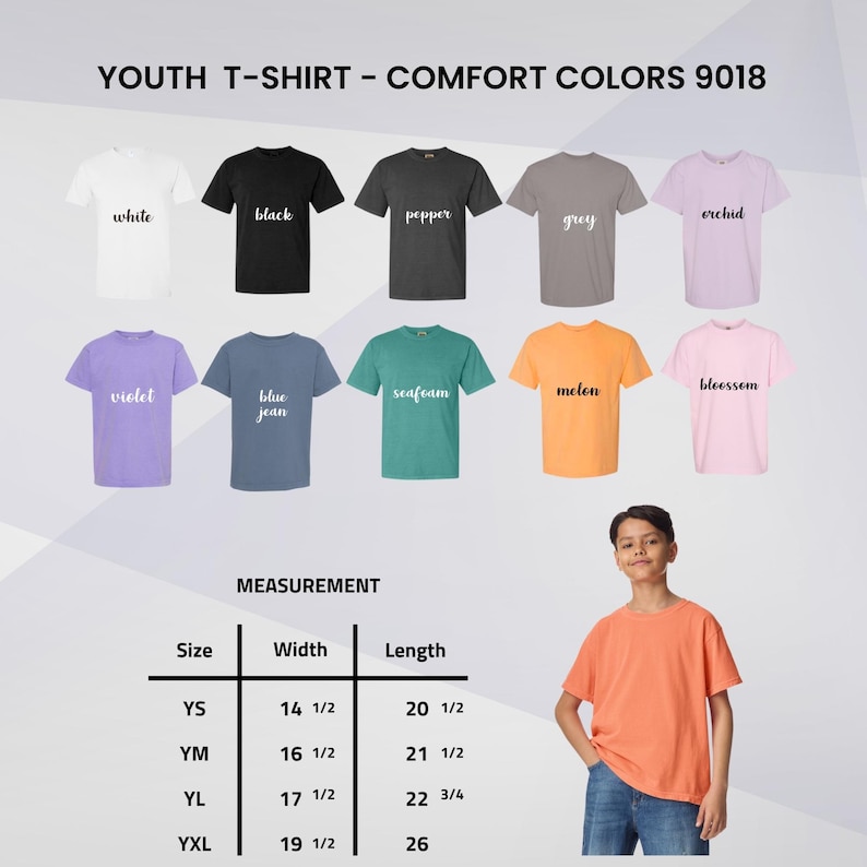 Puede incluir: Una selecci&oacute;n de camisetas juveniles en varios colores, incluyendo blanco, negro y mel&oacute;n. La imagen muestra una tabla de tallas con medidas en pulgadas y un joven con una camiseta naranja. El texto dice "YOUTH T-SHIRT - COMFORT COLORS 9018."