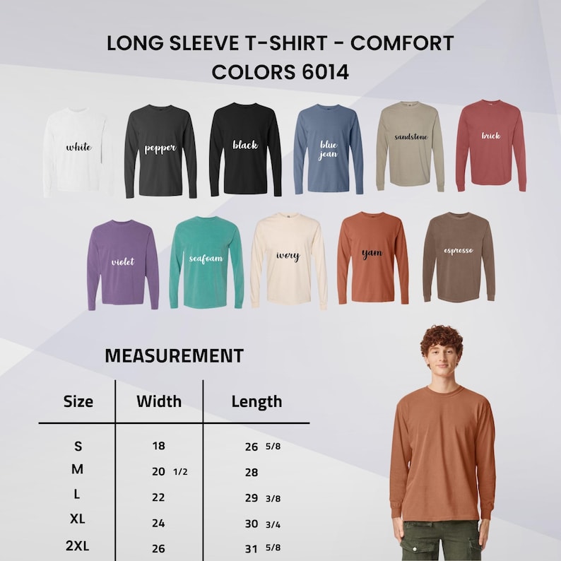 Puede incluir: Una exhibici&oacute;n de camisetas de manga larga en varios colores, incluyendo blanco, negro y azul. La imagen incluye una tabla de tallas con medidas en cm y el texto "LONG SLEEVE T-SHIRT - COMFORT COLORS 6014". Una persona lleva una camisa color &ntilde;ame.