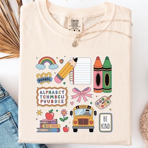 Comfort Colors Trendy Teacher Shirt, Colorful Doodle Back To School Shirt, Preppy Coquette School T-shirt, Girly Pink Bow Tee, Teacher Gifts