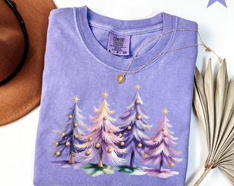 Purple Christmas Trees Long Sleeve T-Shirt, Purple Christmas Shirt, Women's Comfort Colors Christmas, Purple Layering Shirt, Red Hat Society