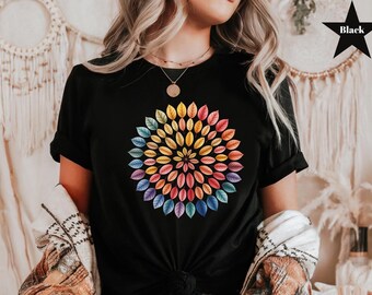 Mandala Shirt Floral Mandala T-Shirt Fall Leaves Shirt Colorful Mandala Shirt Watercolor Flower T-Shirt Yoga Shirt for Women Gift For Yogi