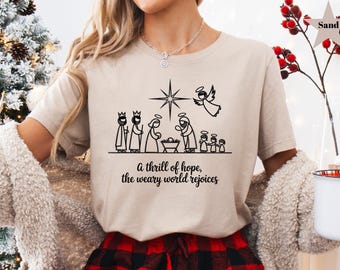 A Thrill Of Hope The Weary World Rejoices Shirt, Oh Holy Night T-shirt, Christmas Wreath Shirt, Christian Christmas Hymn Shirt, Xmas Family