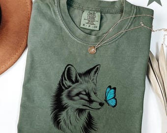 Camiseta de zorro y mariposa, regalo para mamá, vegana, con estampado dibujado a mano, corte suave para mujer