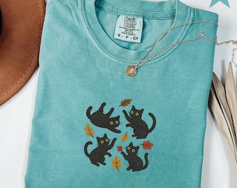 Comfort Colors Black Cats Shirt, Black Cats and Fall Leaves Tee, Autumn Cat Shirt, Cute Fall T-Shirt, Cozy Cat Lover Gift, Autumn Aesthetic
