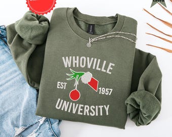 Christmas Whoville University Sweatshirt Embroidered, Christmas Embroidery Sweatshirt, Christmas Crewneck, Cute Sleeve, est 1957 Grinch