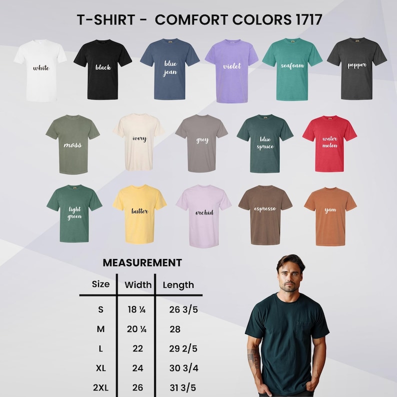 Puede incluir: Una selecci&oacute;n de camisetas Comfort Colors 1717 en varios colores, incluyendo blanco, negro, azul vaquero, violeta, seafoam y pimienta. La imagen tambi&eacute;n muestra una tabla de medidas con tallas de la S a la 2XL. Los anchos var&iacute;an de 46.3 cm a 66 cm, y los largos de 67.6 cm a 80.3 cm.