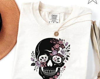 Floral Skull Comfort Colors Shirt, Boho Halloween Tee, Floral Halloween Shirt