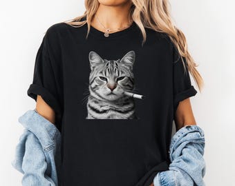 Camiseta vintage de meme de gato fumando, camiseta de gato fumando, camiseta de gato con cerebro podrido, camiseta de chiste de la generación Z, regalo para amantes de los gatos, camiseta divertida de gatito, camiseta genial de gato