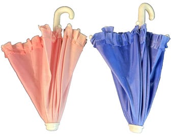 2 Vintage Small Umbrellas 9" Long Pink And Blue ( Won't Open) Decor Use