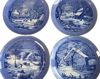 Set of 4 Currier & Ives Blue and White Collector Plates, Homestead Winter Scenes
