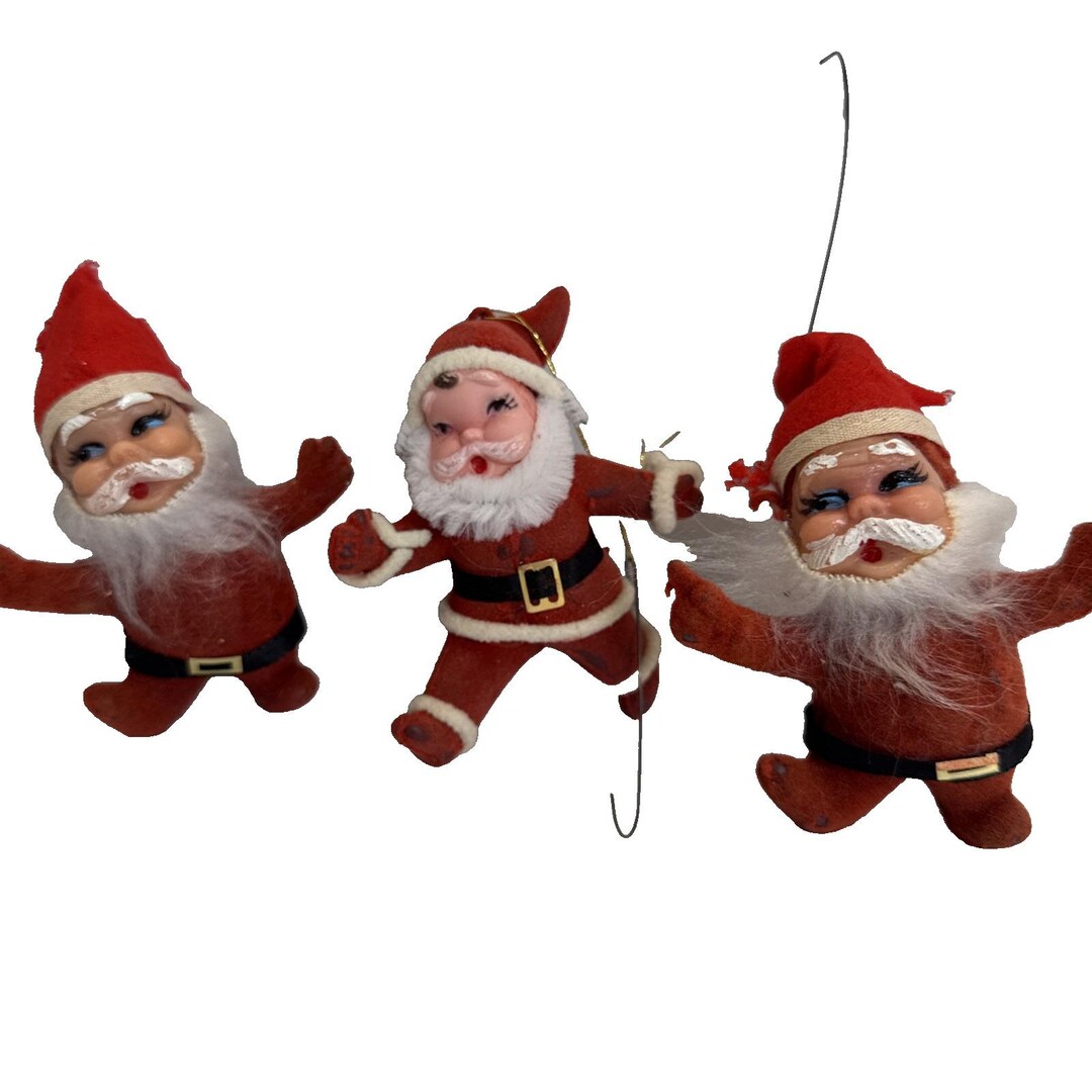 Vintage Christmas Plastic Fuzzy Santa Ornaments 4