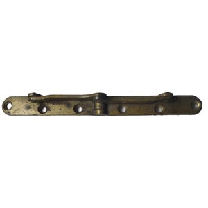 May include: A vintage brass hinge with a tarnished finish. The hinge has a series of holes for mounting and a central pivoting mechanism. The metal shows signs of age and wear, suggesting it is an antique or reclaimed hardware piece.