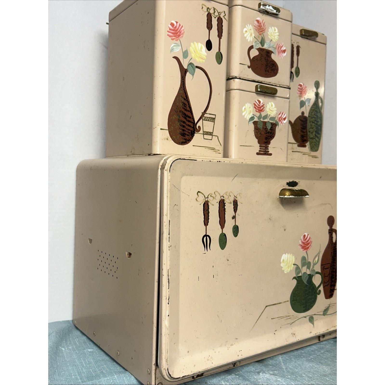Vintage Ransburg Complete Hand Painted Tin Canister Set & Bread