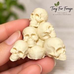 May include: A small, off-white, 3D-printed sculpture consisting of a cluster of six human-like skulls stacked in a pyramid formation. The surface shows fine horizontal layer lines from the printing process. The text Tiny Fur Forage is visible.