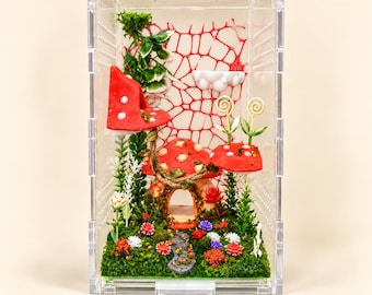Jardín de hadas con setas, recinto para arañas saltarinas, terrario, casa decorada de acrílico, pintada a mano.
