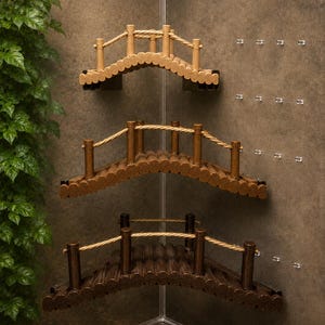 May include: Three arched wooden bridge shelves mounted in a corner. Each shelf features a curved deck made of rounded logs, vertical posts, and a rope railing. The shelves are finished in light, medium, and dark brown wood tones respectively.