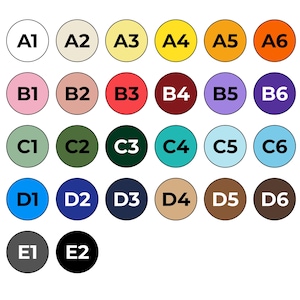 Puede incluir: Una carta de colores con veintiocho muestras circulares dispuestas en cinco filas. Cada c&iacute;rculo contiene un c&oacute;digo alfanum&eacute;rico &uacute;nico de A1 a E2, que representa un amplio espectro de colores que incluye blanco, amarillo, naranja, rosa, rojo, morado, verde, azul, marr&oacute;n, gris y negro.
