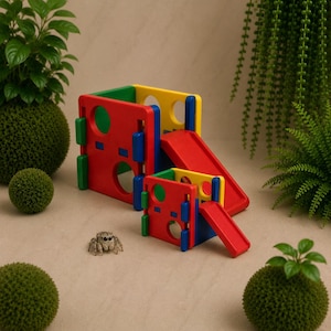 May include: Two modular plastic climbing structures for small pets, featuring a primary red, blue, green, and yellow color scheme with circular cutouts and attached slides. A small jumping spider is positioned on the surface near the structures.