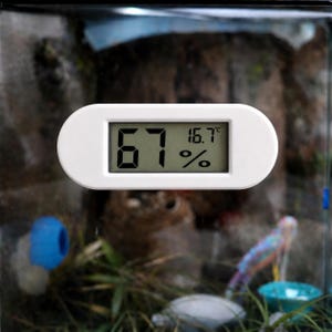 Puede incluir: Un higrómetro digital blanco con marco ovalado fijado a una superficie de cristal. La pantalla muestra una humedad del 67% y una temperatura de 16,7 grados Celsius en una fuente digital negra grande y clara sobre un fondo gris claro.