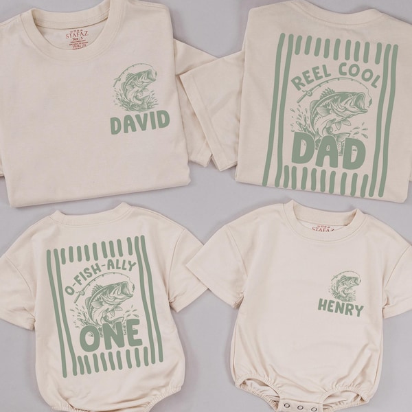 Camisetas personalizadas de O-Fish-Ally para el primer cumpleaños (parte delantera y trasera), conjuntos personalizados de pesca para el primer cumpleaños, camisetas familiares a juego con el lema "Papá Genial".