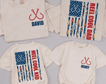 Personalized Reel Cool Dad Daddy and Me T-Shirts, Patriotic Fathers Day Gift, Fishing Father and Son Outfits, 4th of July Dad Tee