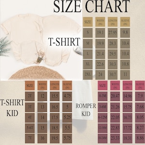Puede incluir: Una colecci&oacute;n de camisetas y un pelele de color beige junto a una tabla de tallas. La tabla enumera las medidas de ancho, largo y manga en pulgadas para tallas de adulto S a 2XL, ni&ntilde;o 2T a 7T y beb&eacute; 0-3M a 18-24M.