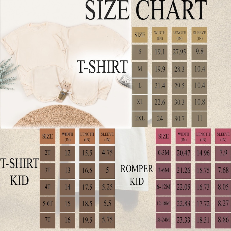 Puede incluir: Una colecci&oacute;n de camisetas y un pelele de color beige junto a una tabla de tallas. La tabla enumera las medidas de ancho, largo y manga en pulgadas para tallas de adulto S a 2XL, ni&ntilde;o 2T a 7T y beb&eacute; 0-3M a 18-24M.