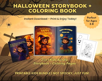 May include: A Halloween-themed kids bundle featuring a storybook and coloring pages. The cover art shows a cartoon witch with a pumpkin. The text reads "Halloween Storybook + Coloring Book" and "Printable Kids Bundle | Not Spooky, Just Fun!"