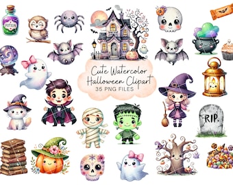Kawaii Halloween Clipart: Pastel Ghosts, Cats, Pumpkins (PNG, Commercial Use)