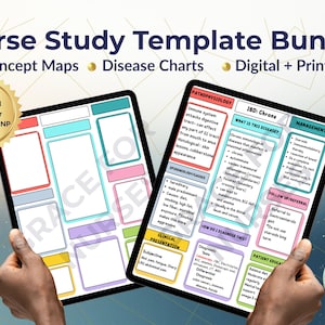 May include: Two digital tablets displaying colorful nurse study templates. The templates include concept maps and disease charts, with text such as "Pathophysiology" and "IBD: Chrons". The image also includes the text "Nurse Study Template Bundle".