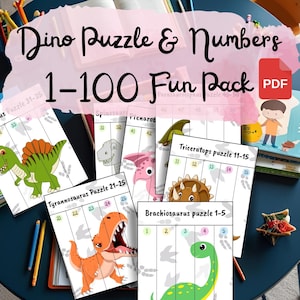 Dinosaur Puzzle Numbers 1-100 Printable | Dino Counting Game for Kids | Preschool Math Activity PDF | Learning Numbers Worksheet