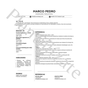 Puede incluir: Currículum vitae de Marco Pedro, Ingeniero Industrial. El documento detalla educación, experiencia, habilidades y referencias. Diseño limpio y profesional, con información clara y concisa.