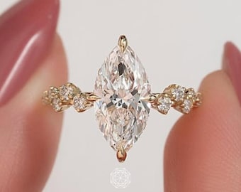 Anillo de compromiso con diamante cultivado en laboratorio de talla marquesa de 2,00 quilates con pavé en zigzag, anillo de bodas con halo oculto, anillo de propuesta solitario, regalo para ella