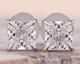 Pendientes de botón con diamantes cultivados en laboratorio de talla princesa, pendientes de botón con diamantes cuadrados, pendientes de botón solitario, pendientes minimalistas de oro, regalo de joyería nupcial