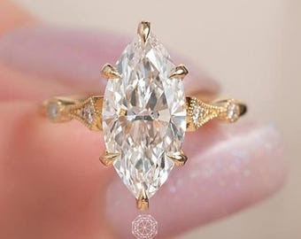 Vintage Milgrain 2.50CT Marquise Cut Lab Grown Diamond Engagement Ring, Solitaire Wedding Ring, Cluster Proposal Ring