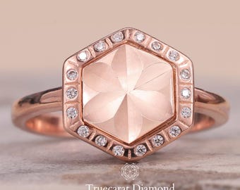 14K Rose Gold Hexagon Ring with Diamond Accents, Geometric Minimal Ring, Unique Modern Statement Ring, Alternative Bridal Ring Gift