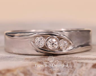 Bezel Set Diamond Wedding Band, White Gold Wave Ring, Lab Grown Diamond Band, Unisex Wedding Ring, Modern Minimal Band