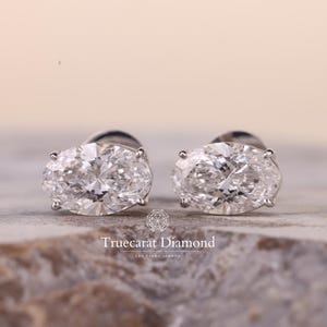 Oval Lab Grown Diamond Stud Earrings, 18K White Gold Wedding Earrings, Push Back Earring For Women, Anniversary/Birthday Gift
