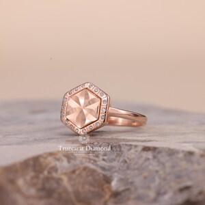 Hexagon Shape Flower Design Lab Grown Diamond Engagement Ring, Flush Round Diamond Halo Wedding Ring, Platinum Bridal Ring, Gift For Her