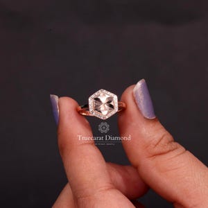 Hexagon Shape Flower Design Lab Grown Diamond Engagement Ring, Flush Round Diamond Halo Wedding Ring, Platinum Bridal Ring, Gift For Her