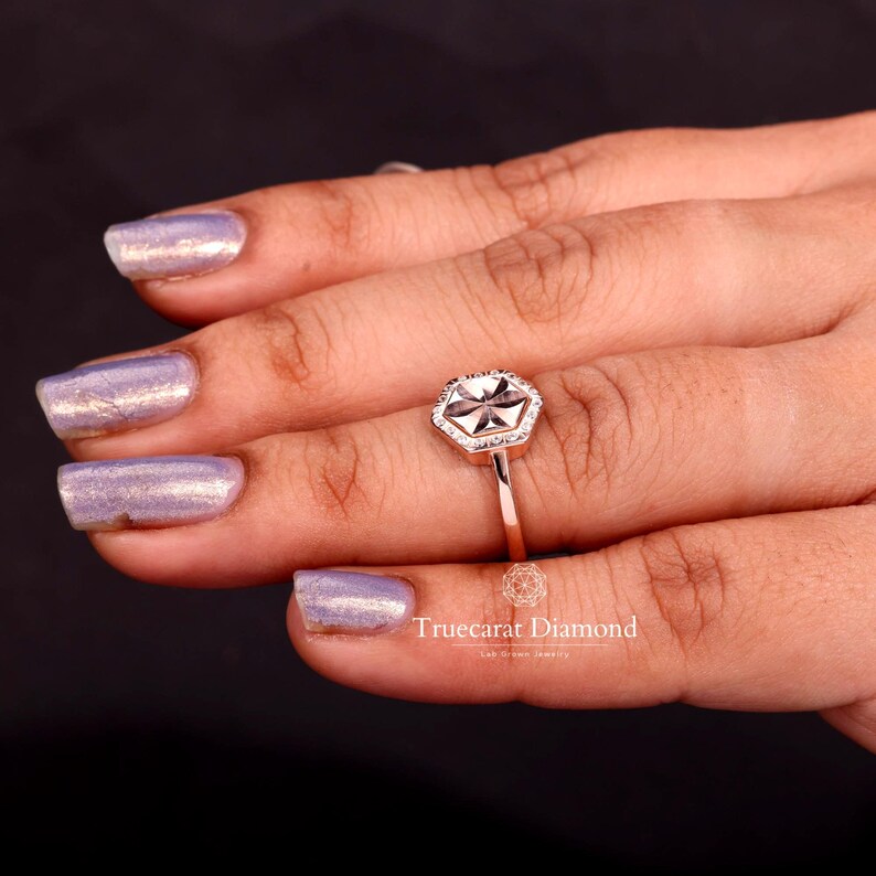 Hexagon Shape Flower Design Lab Grown Diamond Engagement Ring, Flush Round Diamond Halo Wedding Ring, Platinum Bridal Ring, Gift For Her