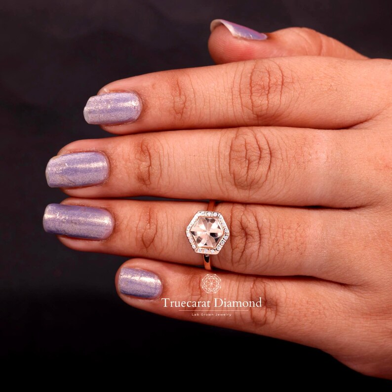 Hexagon Shape Flower Design Lab Grown Diamond Engagement Ring, Flush Round Diamond Halo Wedding Ring, Platinum Bridal Ring, Gift For Her