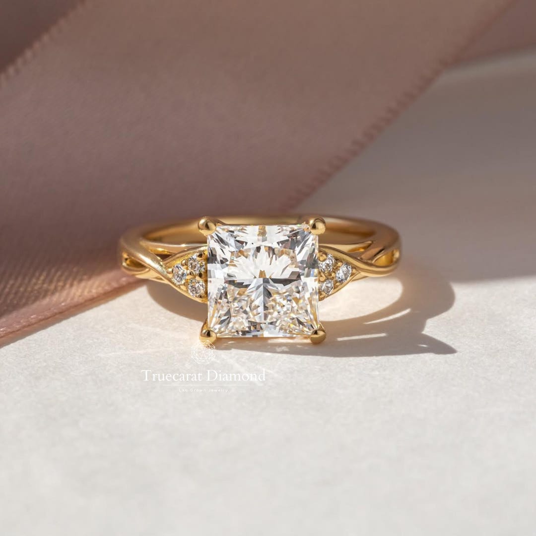 3.0ct Princess Cut Lab Grown Diamond Ring, 18K Yellow Gold Vintage ...