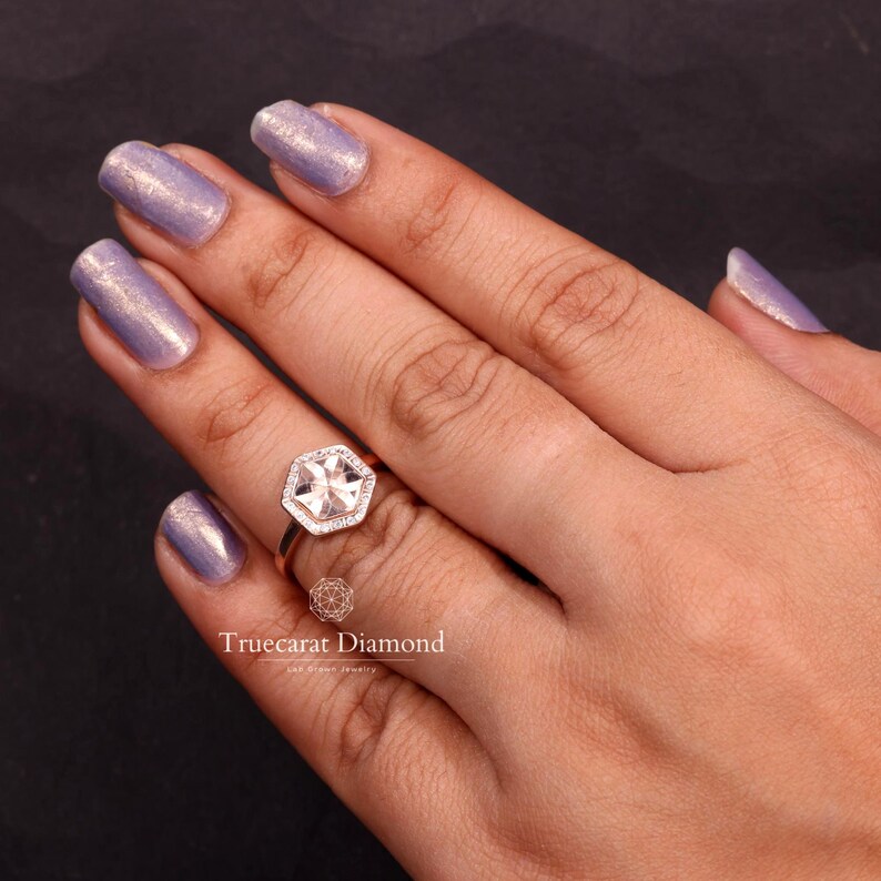 Hexagon Shape Flower Design Lab Grown Diamond Engagement Ring, Flush Round Diamond Halo Wedding Ring, Platinum Bridal Ring, Gift For Her