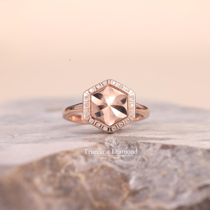 Hexagon Shape Flower Design Lab Grown Diamond Engagement Ring, Flush Round Diamond Halo Wedding Ring, Platinum Bridal Ring, Gift For Her