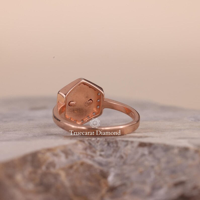 Hexagon Shape Flower Design Lab Grown Diamond Engagement Ring, Flush Round Diamond Halo Wedding Ring, Platinum Bridal Ring, Gift For Her